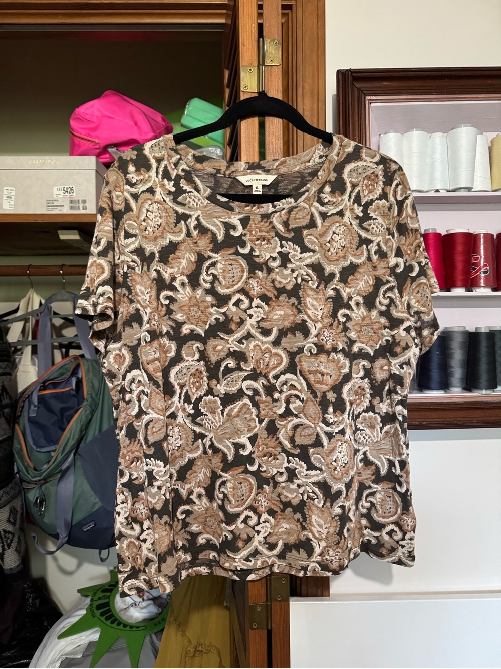 Lucky Brand Brown and Cream Floral Short Sleeve Tee